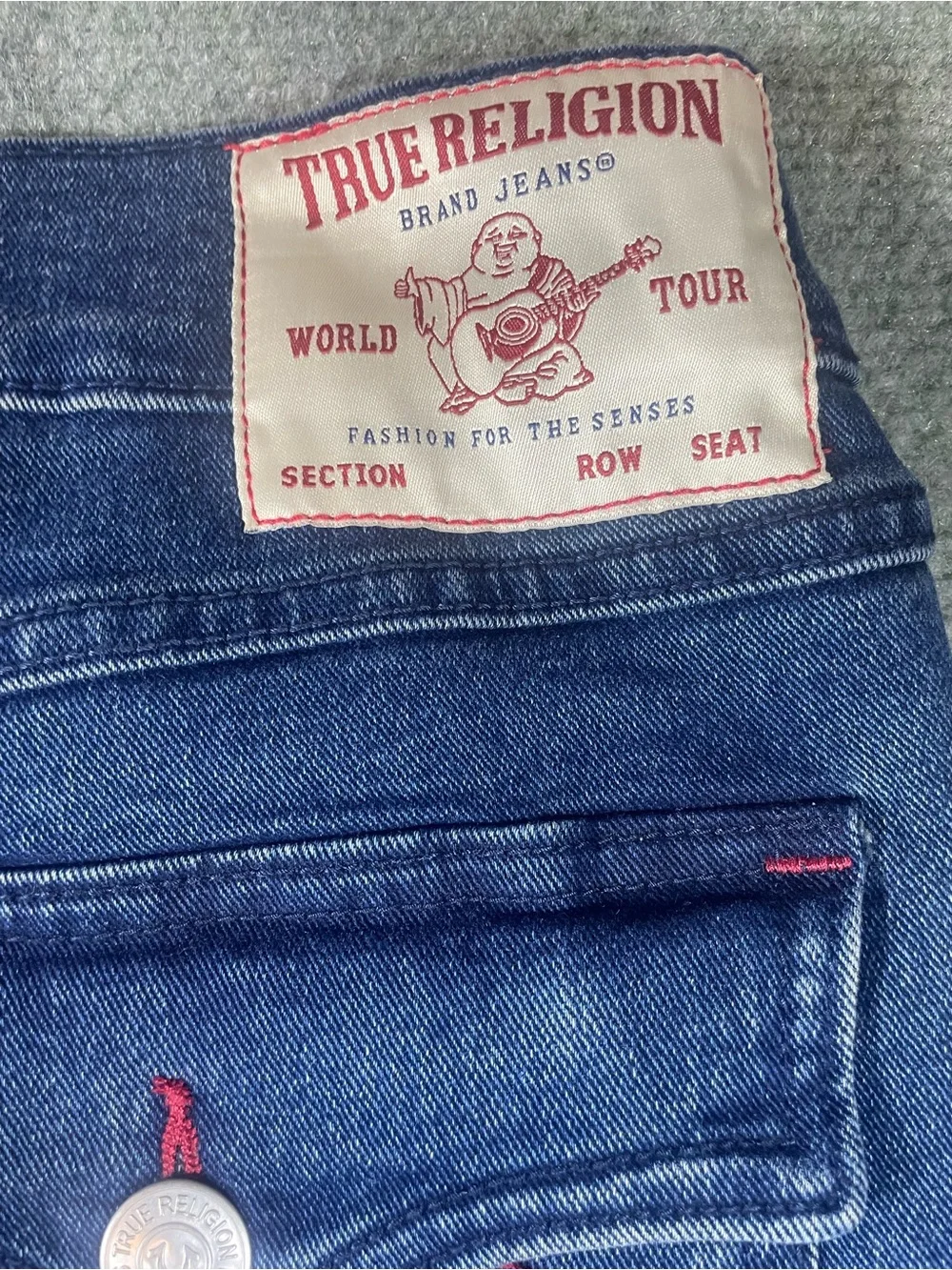 True Religion Ricky Men's Straight Jeans in Dark Blue with Red Accents